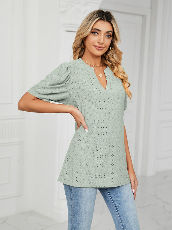 Women's knitted casual V-neck solid color hollow puff sleeve loose T-shirt