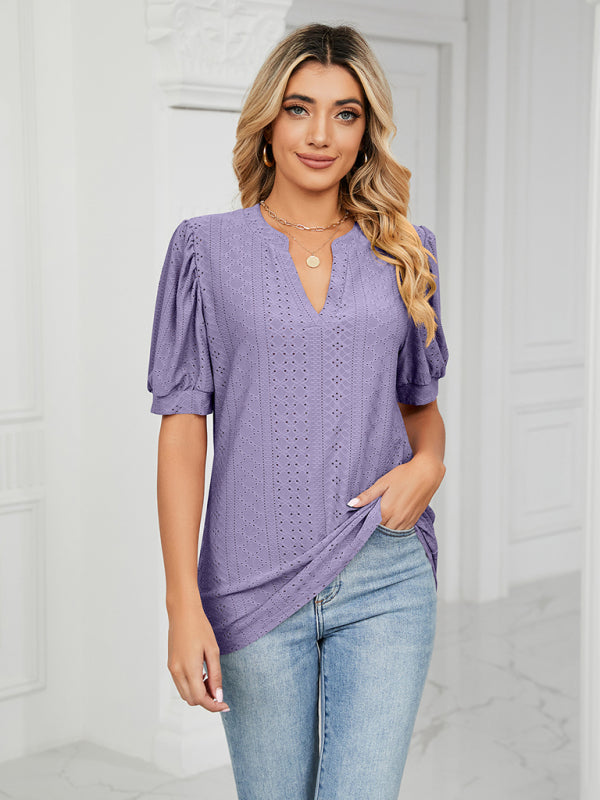 Women's knitted casual V-neck solid color hollow puff sleeve loose T-shirt