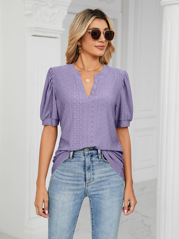 Women's knitted casual V-neck solid color hollow puff sleeve loose T-shirt