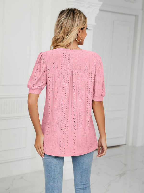 Women's knitted casual V-neck solid color hollow puff sleeve loose T-shirt
