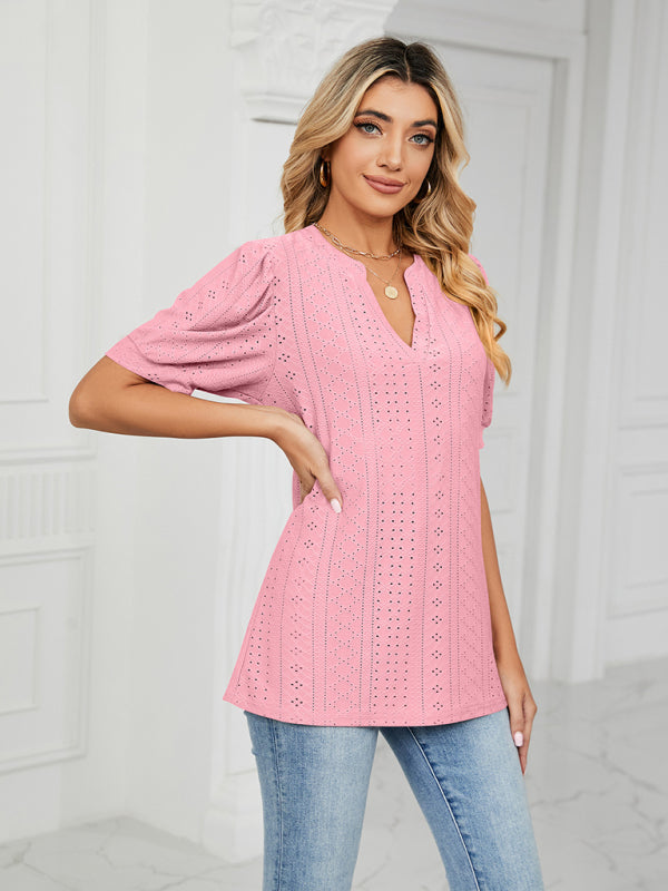 Women's knitted casual V-neck solid color hollow puff sleeve loose T-shirt