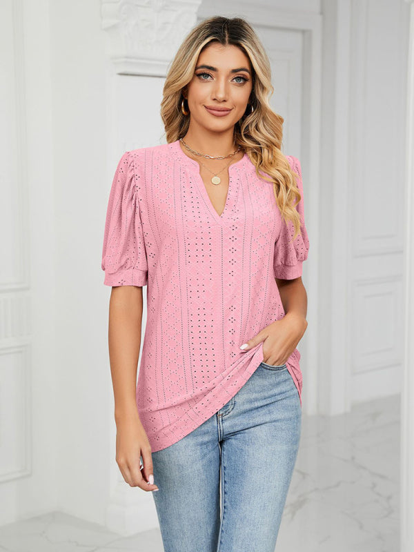 Women's knitted casual V-neck solid color hollow puff sleeve loose T-shirt