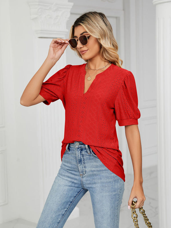 Women's knitted casual V-neck solid color hollow puff sleeve loose T-shirt