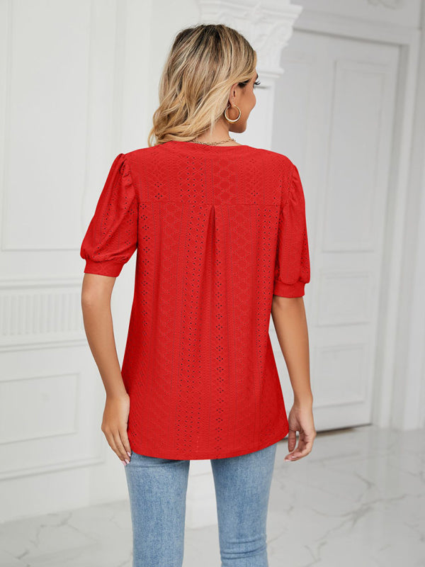 Women's knitted casual V-neck solid color hollow puff sleeve loose T-shirt