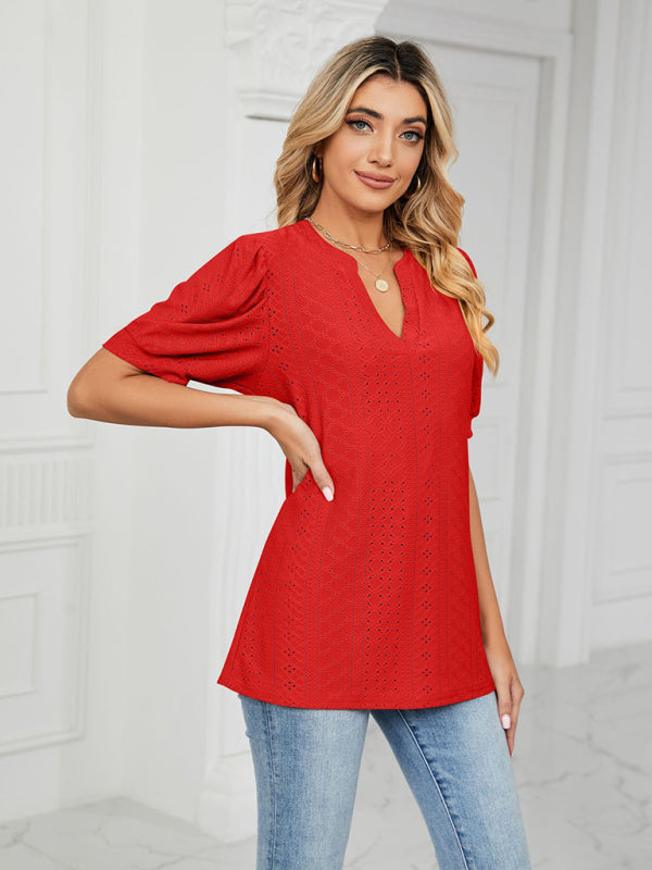 Women's knitted casual V-neck solid color hollow puff sleeve loose T-shirt