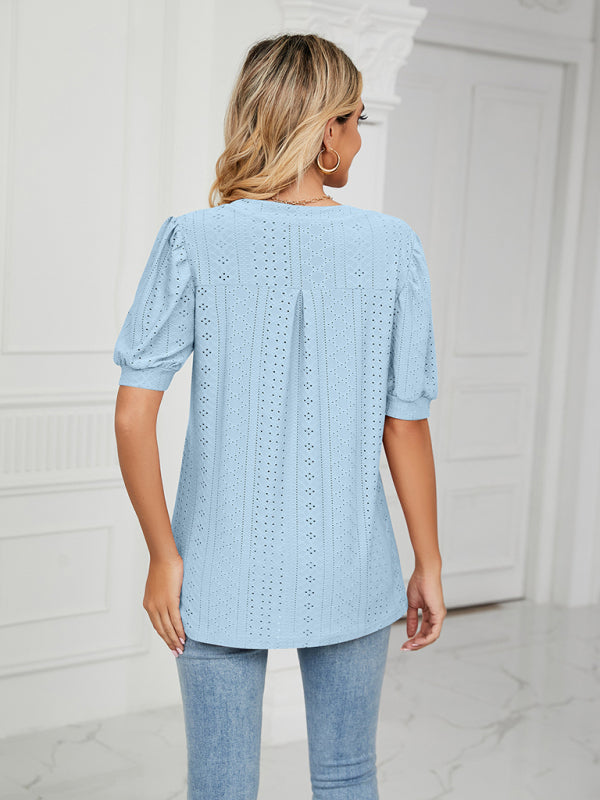 Women's knitted casual V-neck solid color hollow puff sleeve loose T-shirt