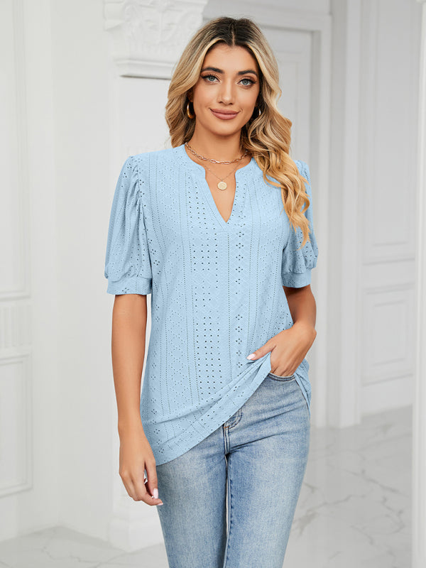 Women's knitted casual V-neck solid color hollow puff sleeve loose T-shirt