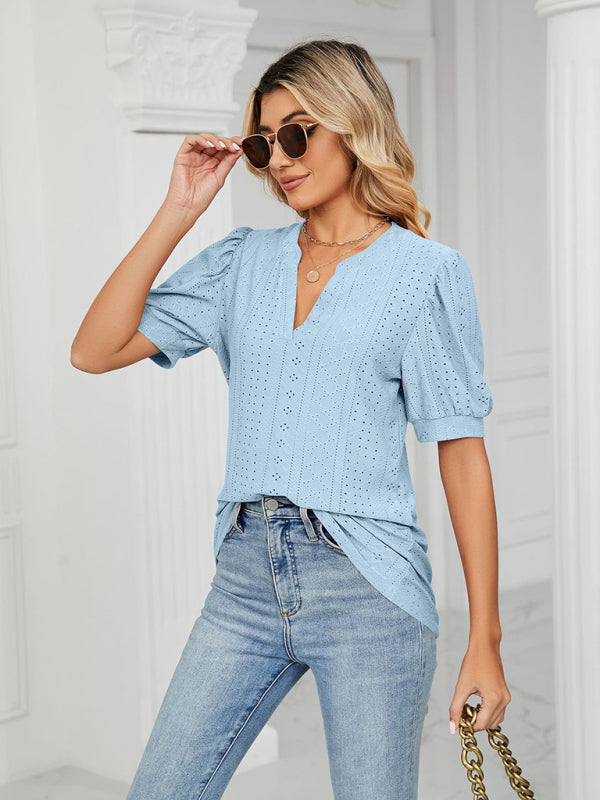 Women's knitted casual V-neck solid color hollow puff sleeve loose T-shirt