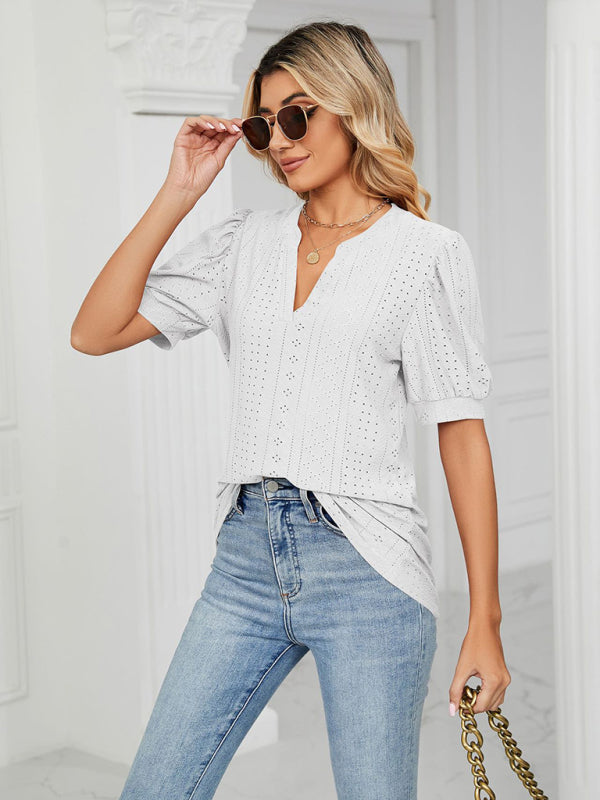 Women's knitted casual V-neck solid color hollow puff sleeve loose T-shirt