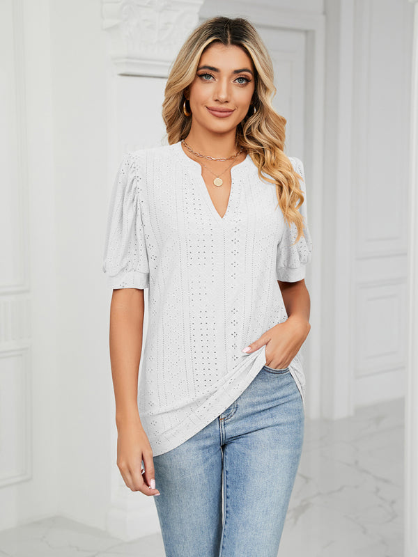 Women's knitted casual V-neck solid color hollow puff sleeve loose T-shirt