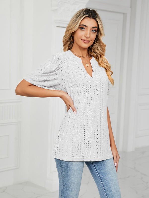 Women's knitted casual V-neck solid color hollow puff sleeve loose T-shirt