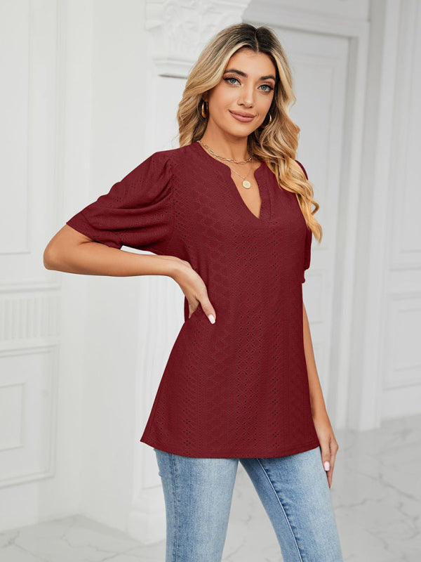 Women's knitted casual V-neck solid color hollow puff sleeve loose T-shirt