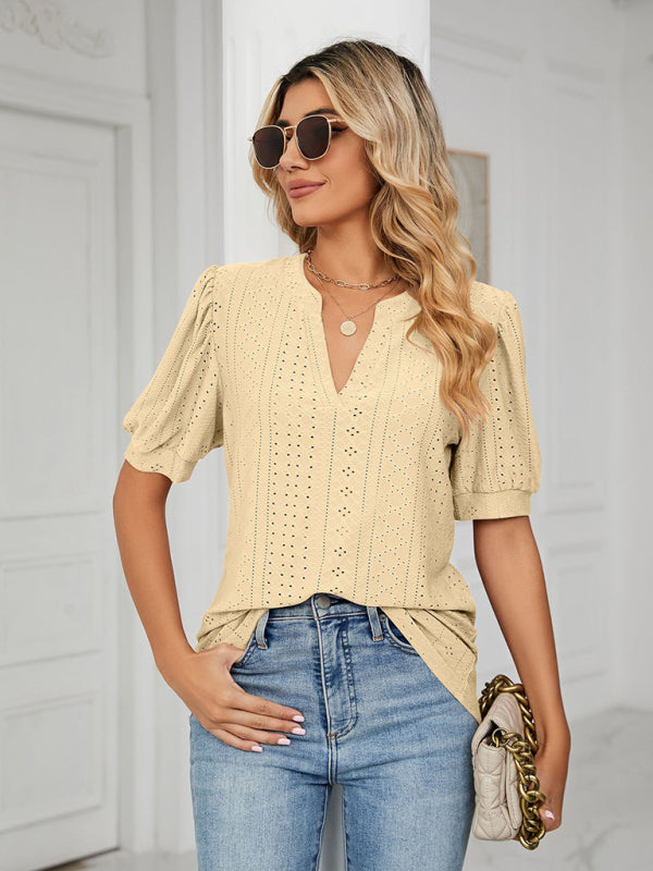 Women's knitted casual V-neck solid color hollow puff sleeve loose T-shirt