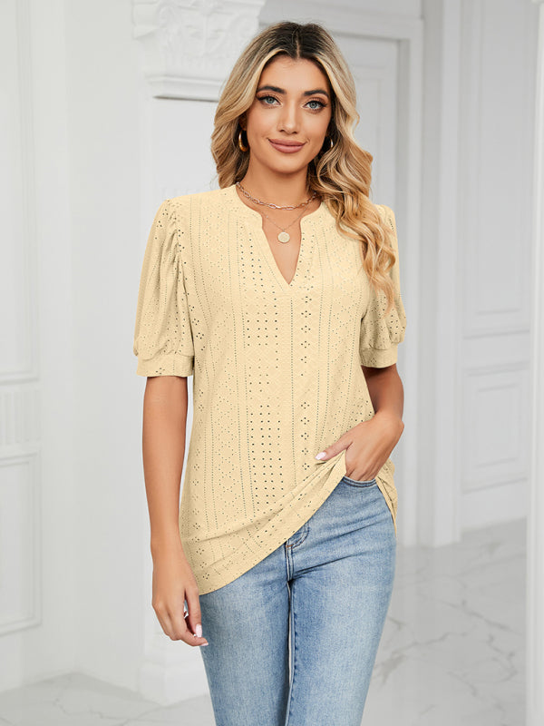 Women's knitted casual V-neck solid color hollow puff sleeve loose T-shirt