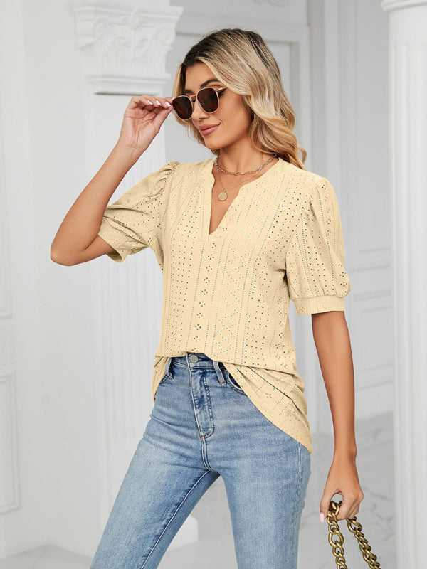 Women's knitted casual V-neck solid color hollow puff sleeve loose T-shirt