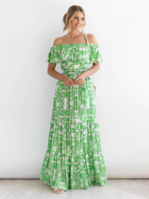 Women's Printed Boat Neck Tie Ruffle Trim Long Swing Dress