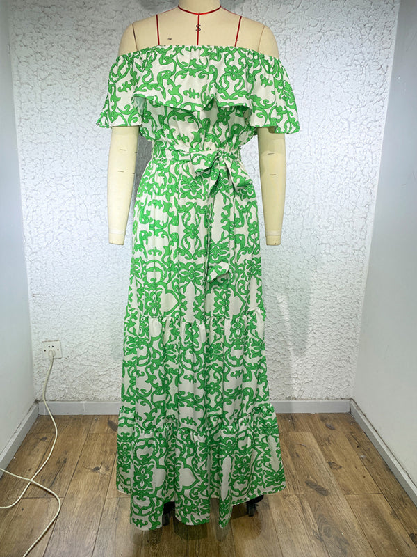 Women's Printed Boat Neck Tie Ruffle Trim Long Swing Dress