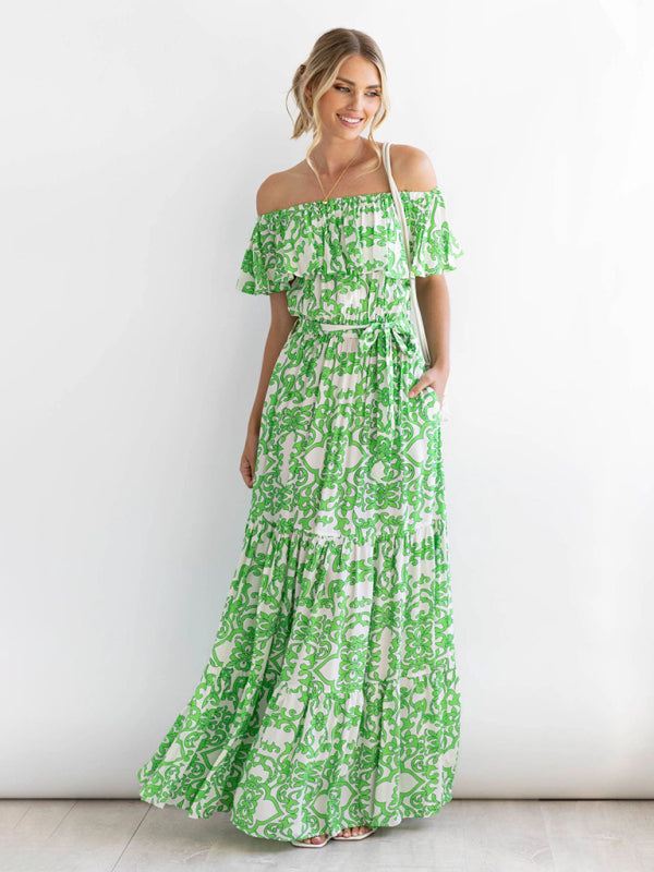 Women's Printed Boat Neck Tie Ruffle Trim Long Swing Dress