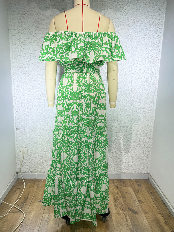 Women's Printed Boat Neck Tie Ruffle Trim Long Swing Dress