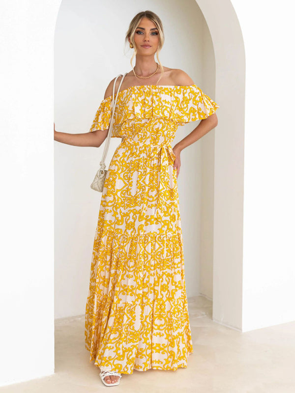 Women's Printed Boat Neck Tie Ruffle Trim Long Swing Dress