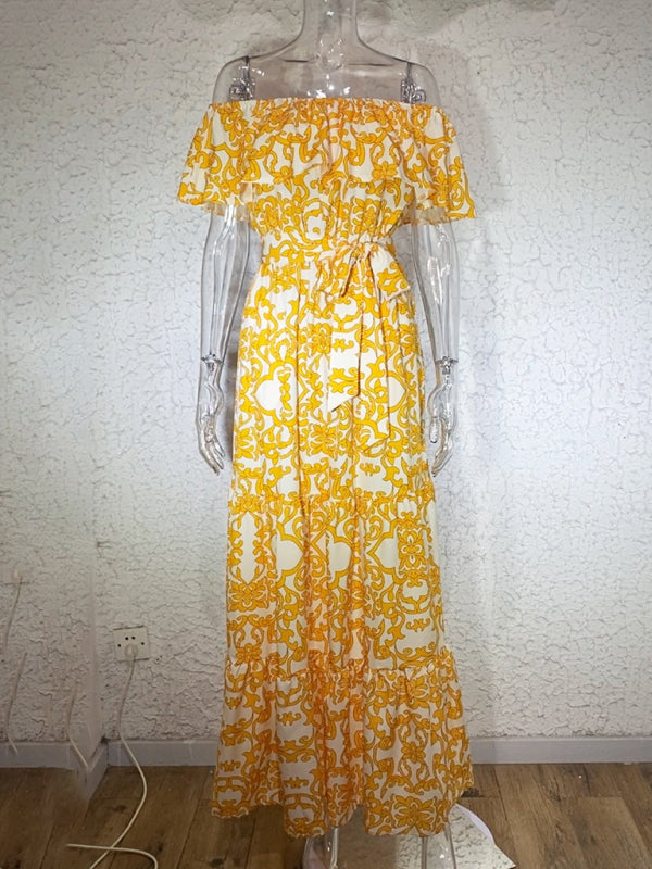 Women's Printed Boat Neck Tie Ruffle Trim Long Swing Dress