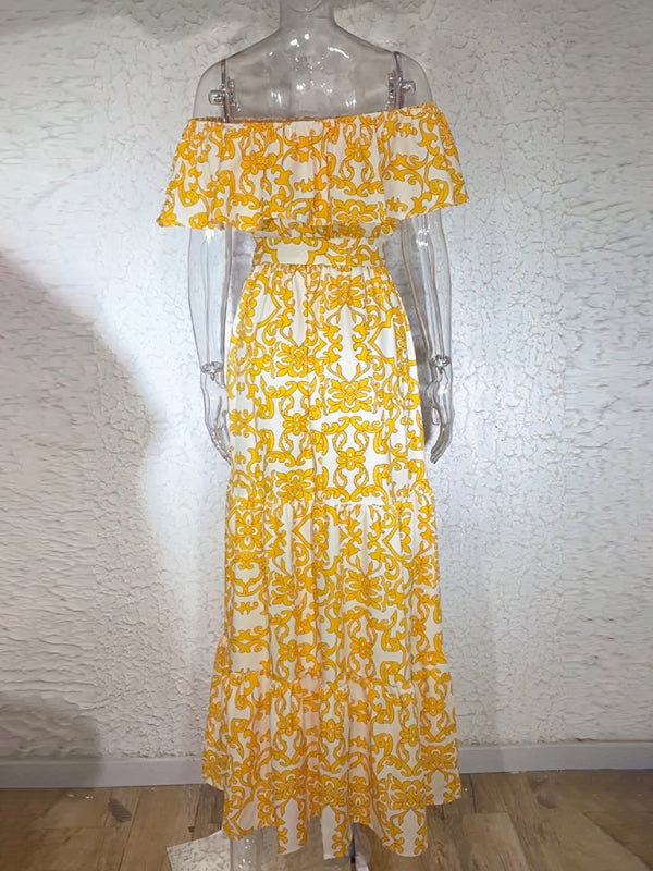 Women's Printed Boat Neck Tie Ruffle Trim Long Swing Dress