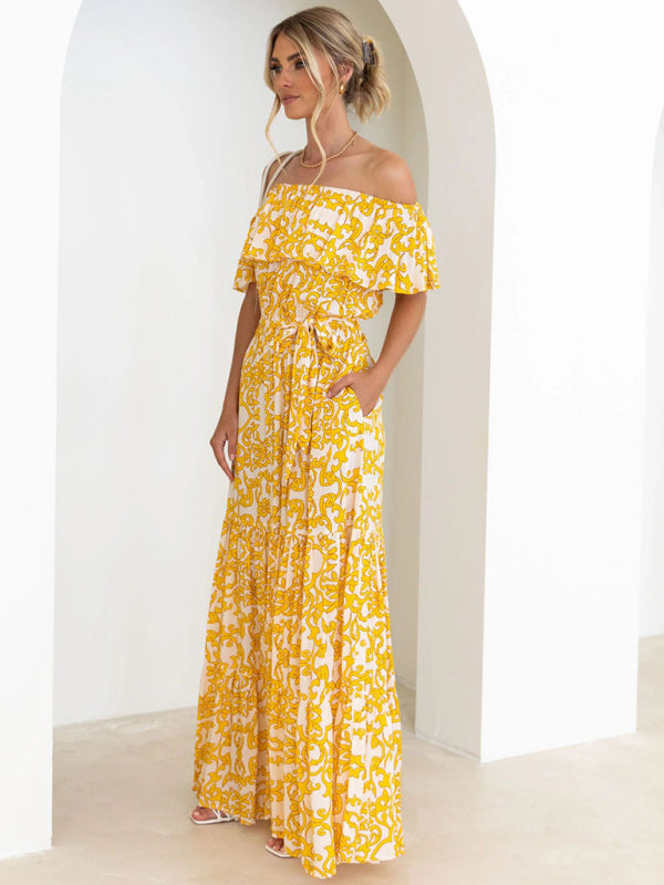 Women's Printed Boat Neck Tie Ruffle Trim Long Swing Dress