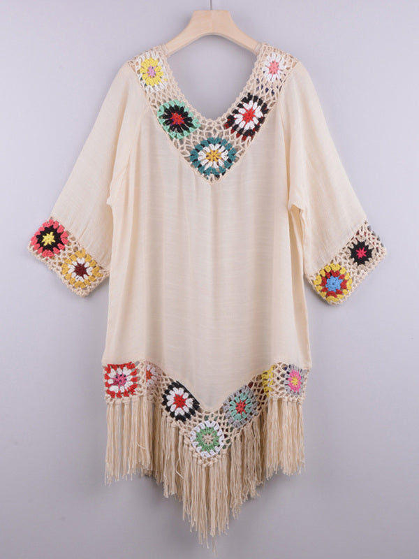 Three-quarter sleeve chain link flower splicing irregular tassel anti-sun blouse