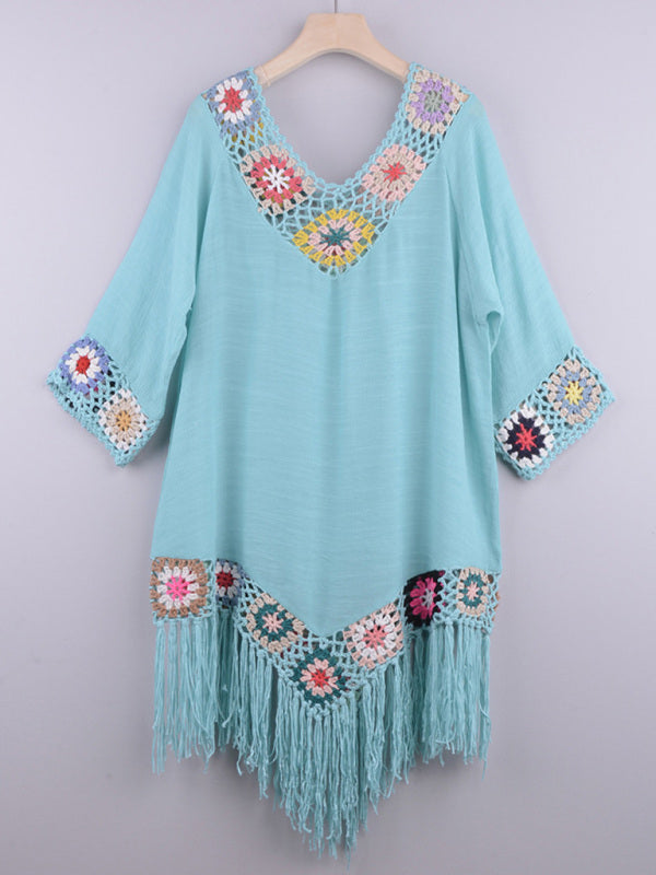 Three-quarter sleeve chain link flower splicing irregular tassel anti-sun blouse