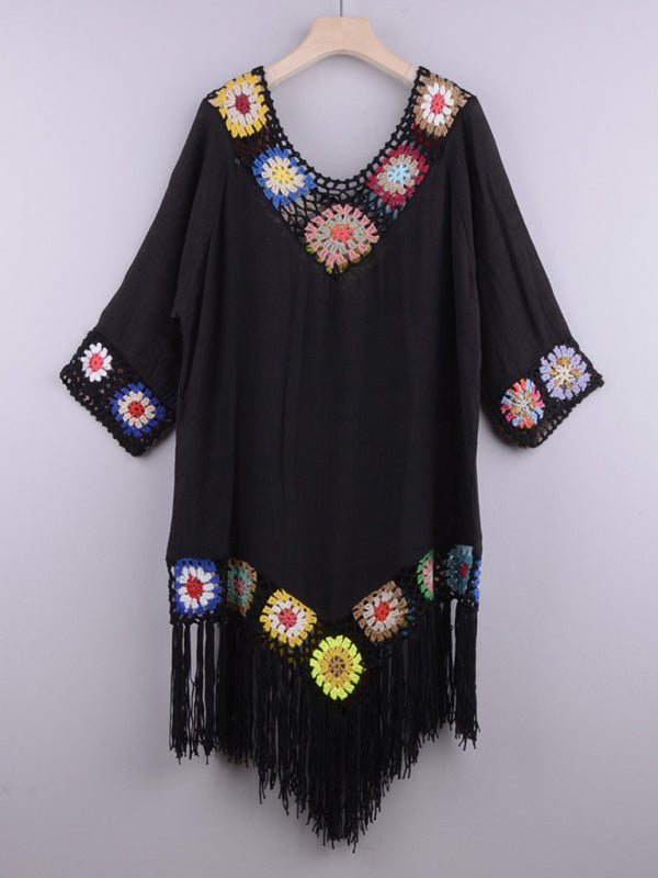 Three-quarter sleeve chain link flower splicing irregular tassel anti-sun blouse