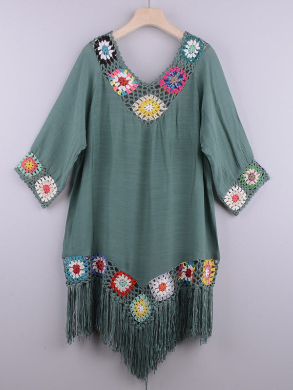Three-quarter sleeve chain link flower splicing irregular tassel anti-sun blouse