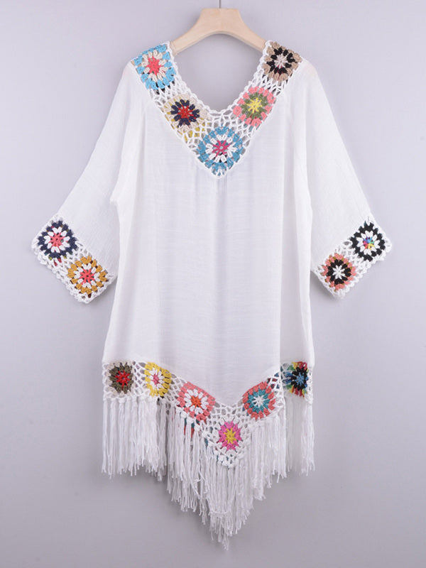 Three-quarter sleeve chain link flower splicing irregular tassel anti-sun blouse