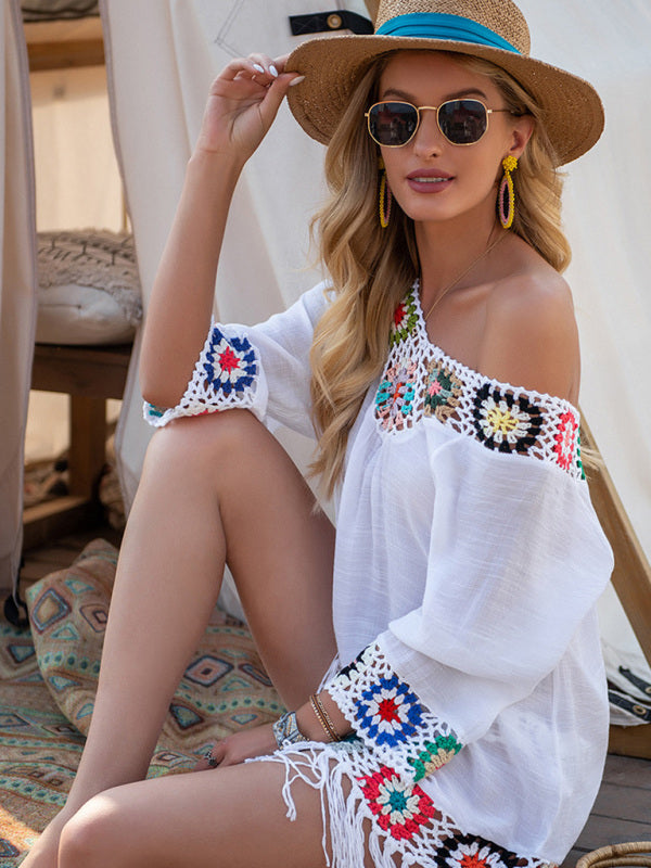 Three-quarter sleeve chain link flower splicing irregular tassel anti-sun blouse