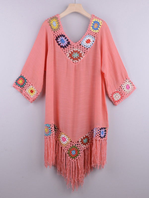 Three-quarter sleeve chain link flower splicing irregular tassel anti-sun blouse