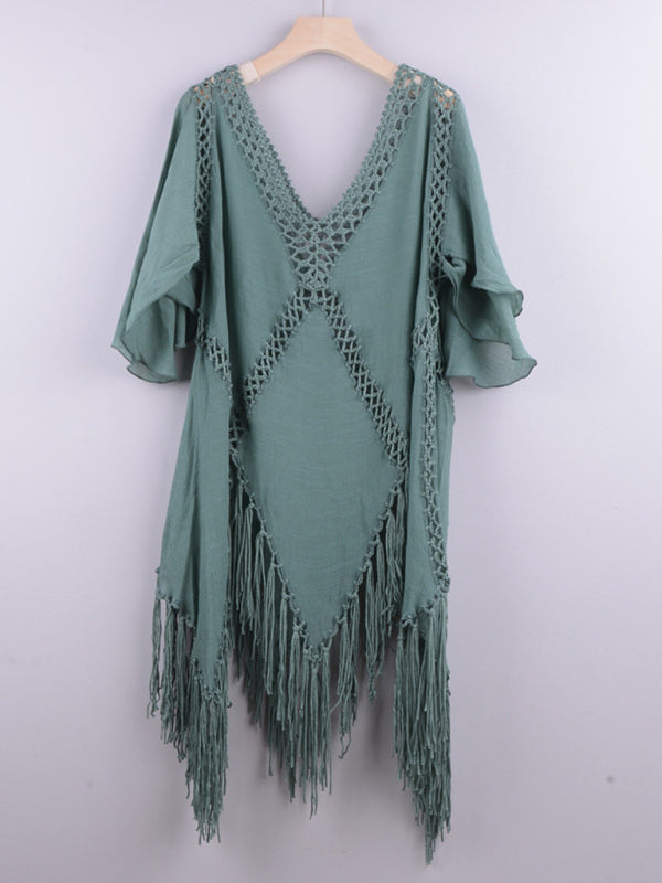 Long Sleeve Tassel Beach Cover-up