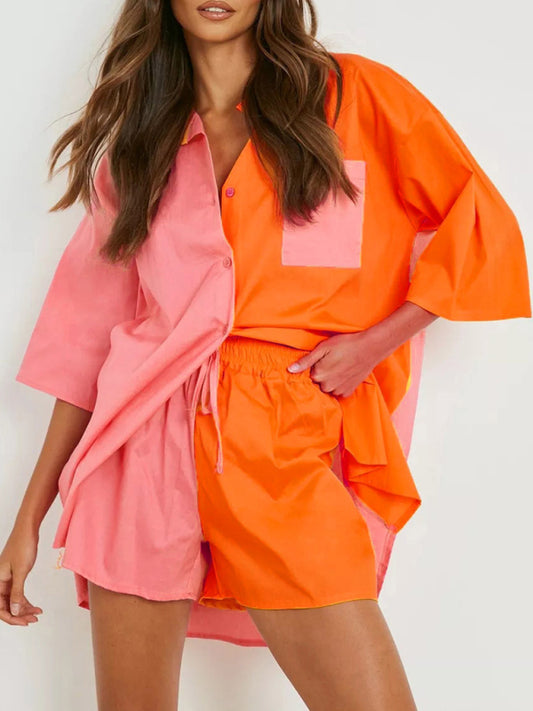 Women's Colorblock Shirt Top + Elastic Waist Shorts Two-piece Set