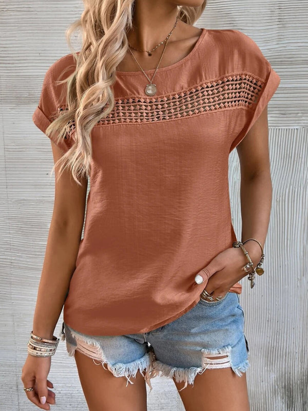Women's summer new casual solid color stitching lace hollow short-sleeved top