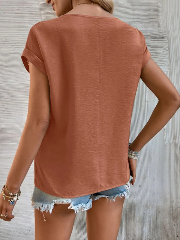 Women's summer new casual solid color stitching lace hollow short-sleeved top