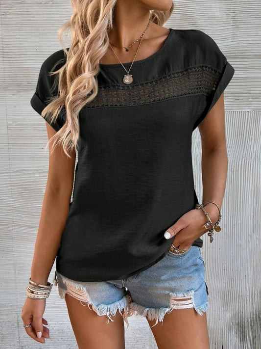 Women's summer new casual solid color stitching lace hollow short-sleeved top