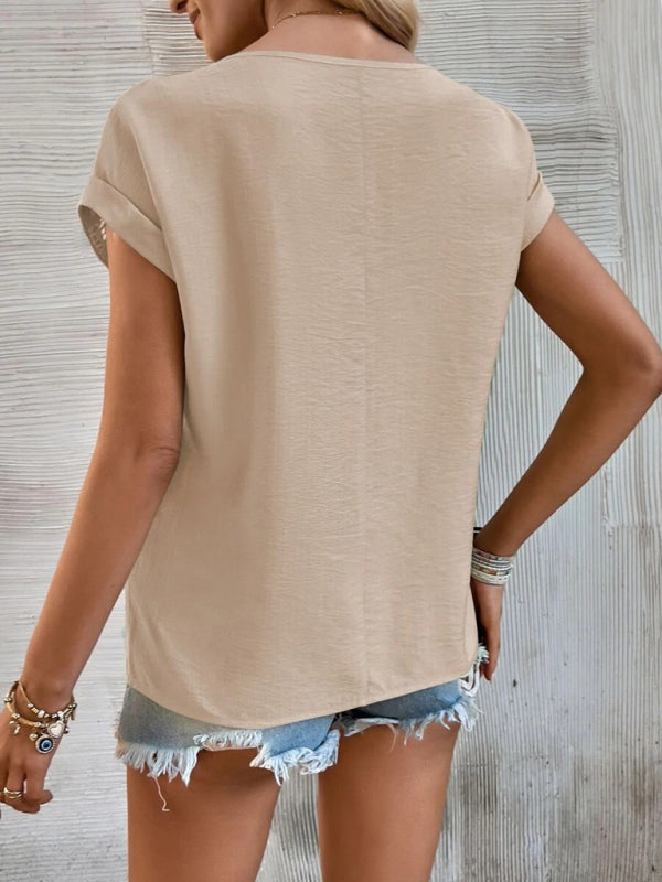Women's summer new casual solid color stitching lace hollow short-sleeved top