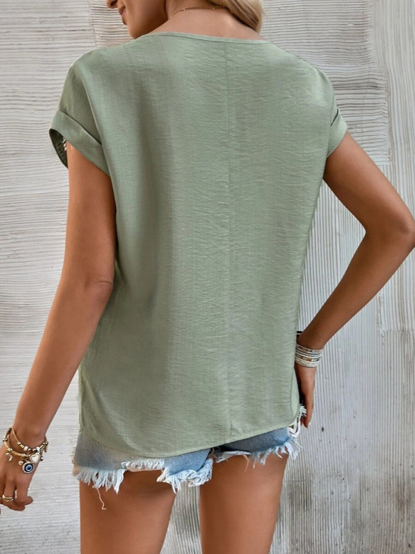 Women's summer new casual solid color stitching lace hollow short-sleeved top