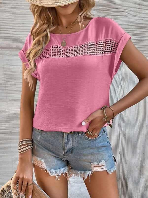 Women's summer new casual solid color stitching lace hollow short-sleeved top