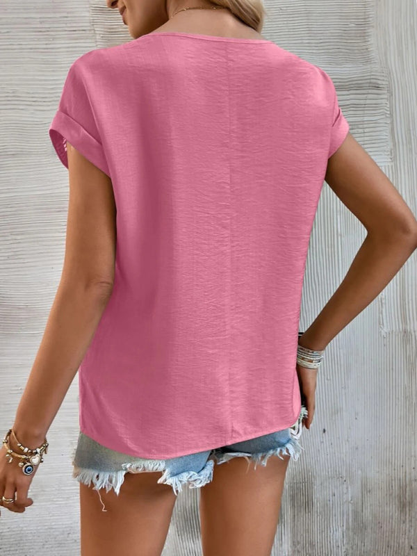 Women's summer new casual solid color stitching lace hollow short-sleeved top