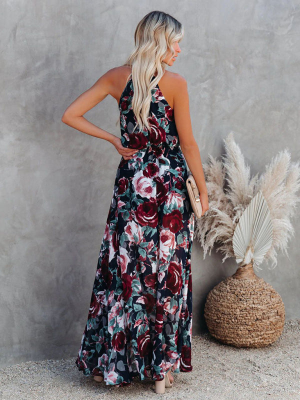 Women's Flower Print Halter Neck Large Swing Beach Dress Long Dress