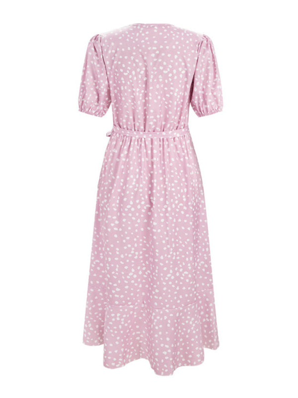 Women's printed V-neck short-sleeved ruffled dress