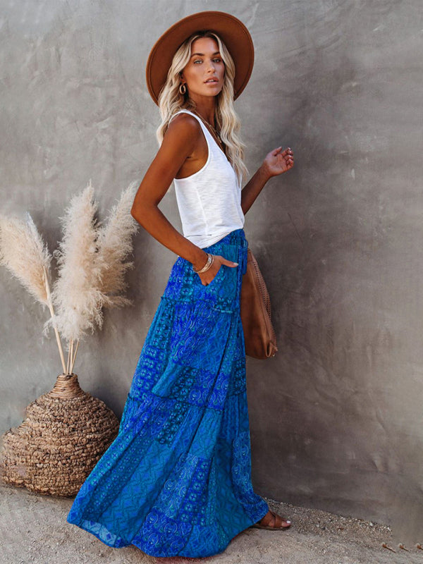 New Bohemian style skirt European and American loose casual high waist long skirt