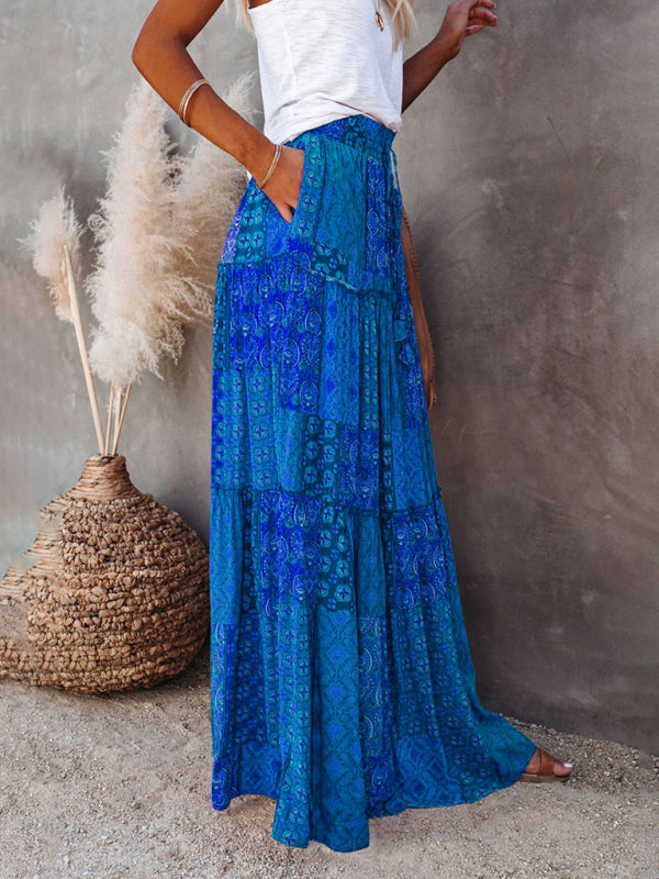 New Bohemian style skirt European and American loose casual high waist long skirt