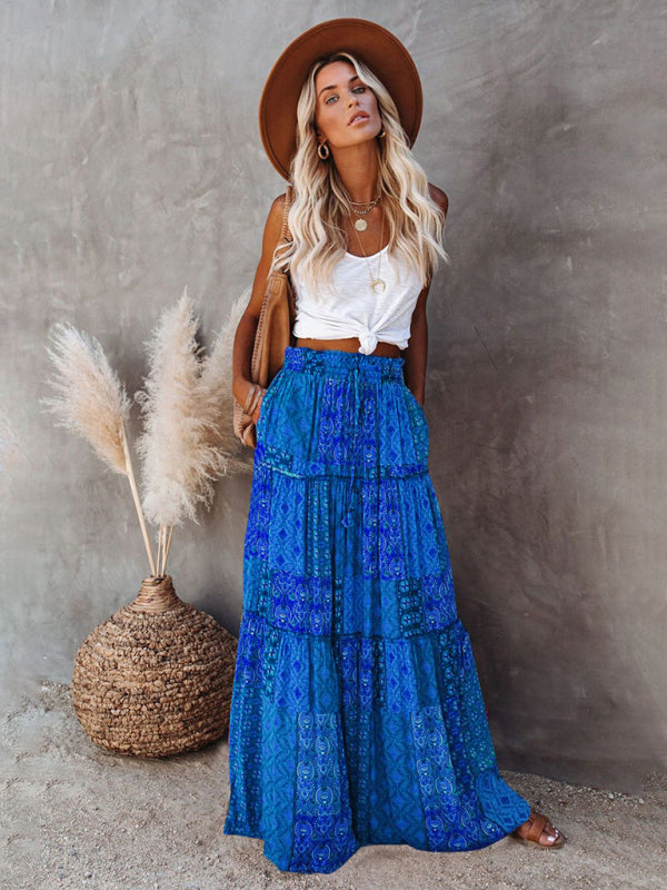 New Bohemian style skirt European and American loose casual high waist long skirt