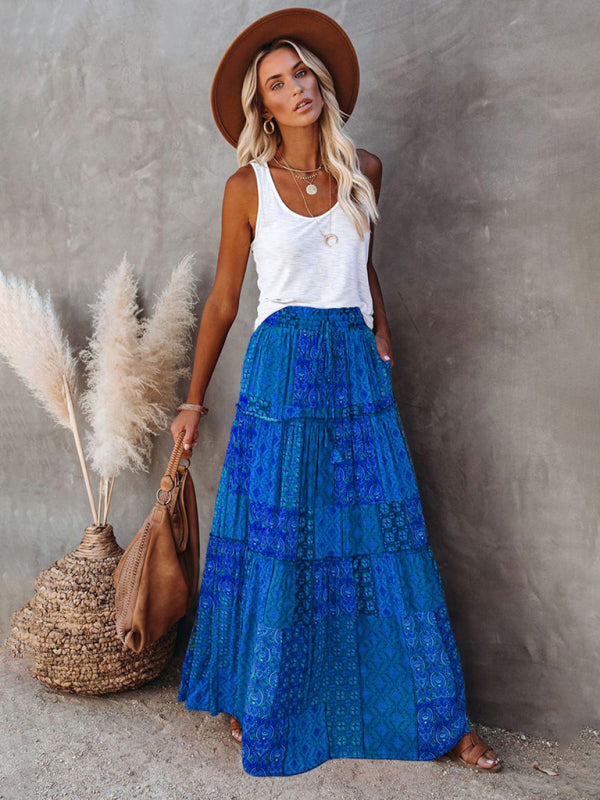 New Bohemian style skirt European and American loose casual high waist long skirt