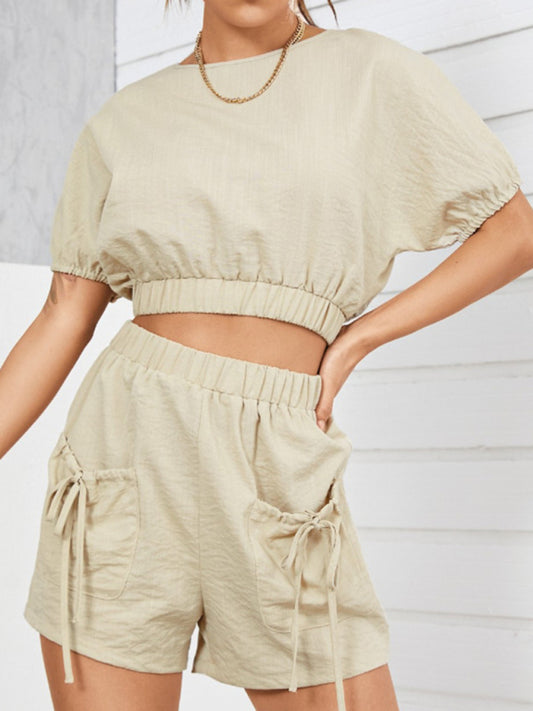 Women's Casual Backless Design Knotted Top Shorts Two-Piece Set